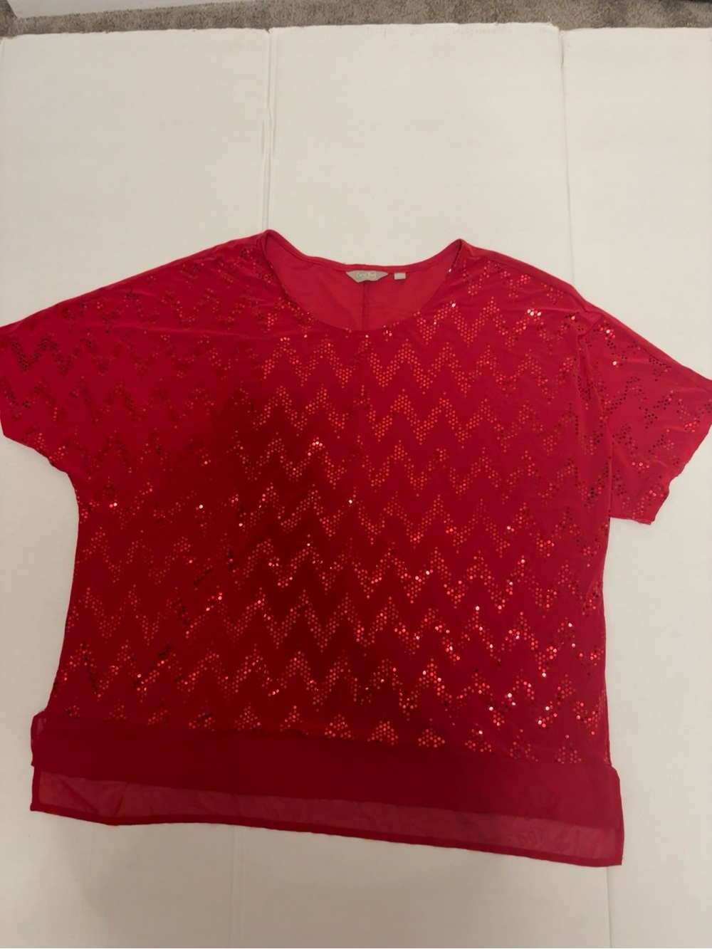 Coral Bay Women’s 2X Red Sequin Chevron Mesh Hem Blouse Plus Size